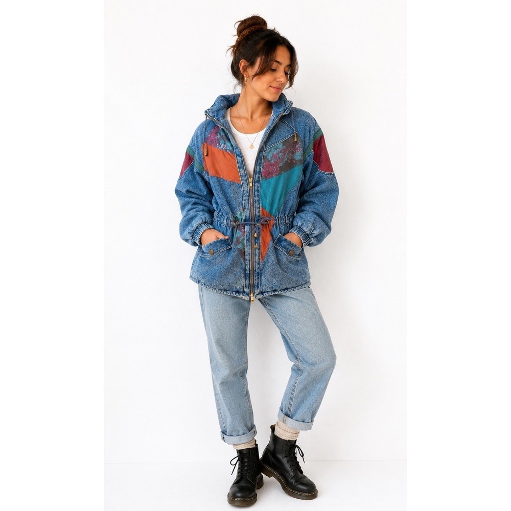 Vintage 90s Colorblock Denim Jacket Womens Small Floral Quilted Coat